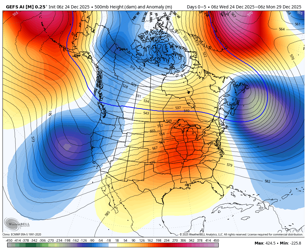 Weather map showing 500mb height and anomaly forecast for December 24-29, 2025. Highlights include a deep low-pressure system off the southeastern coast and high-pressure systems over the western United States, with cold anomalies over Canada and warm anomalies over parts of the Atlantic.