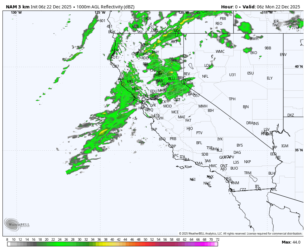 Meteorological map showing radar reflectivity of thunderstorms over the Northwestern United States, including parts of Montana, Idaho, and Washington, with areas of green and yellow indicating varying intensities of precipitation.