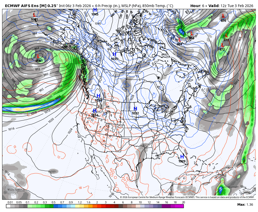 A weather map showing atmospheric pressure systems across North America and surrounding areas, with high and low-pressure centers, precipitation areas, and temperature contours.