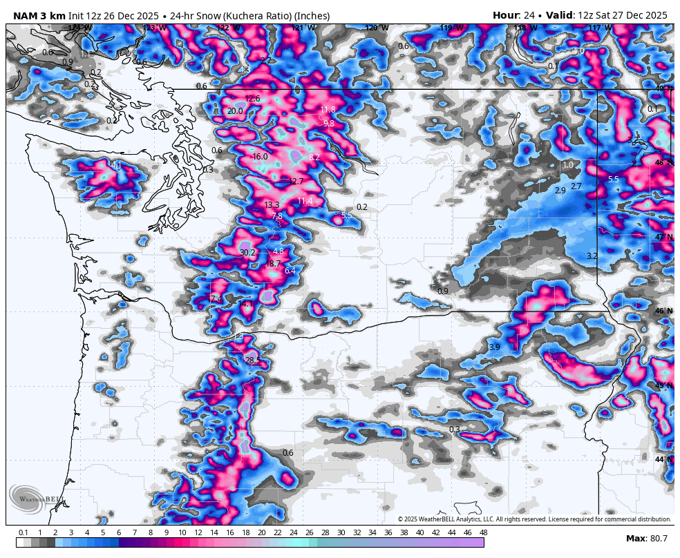 A weather map showing snow accumulation in inches across parts of the Northwestern United States, with some regions experiencing over 30 inches of snow. The map indicates areas of heavy snowfall, mainly in the mountainous regions, with color gradients from light gray to dark purple representing increasing snow levels.