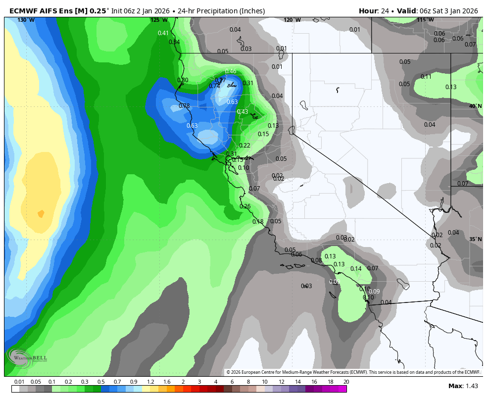 Map of 24-hour precipitation in inches across the Pacific Northwest and northern California on January 3, 2026, showing areas of heavy rainfall in dark blue and green.
