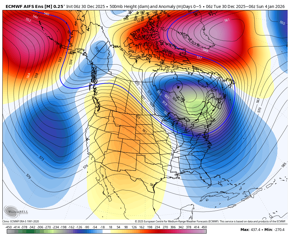 A weather map showing 500mb height anomalies over North America and the Arctic, with color-coded regions indicating higher and lower than normal atmospheric heights. The map includes isobars and contours marking different height levels, with a notable deep low-pressure system in the eastern United States and a high-pressure system in the northwestern Pacific.