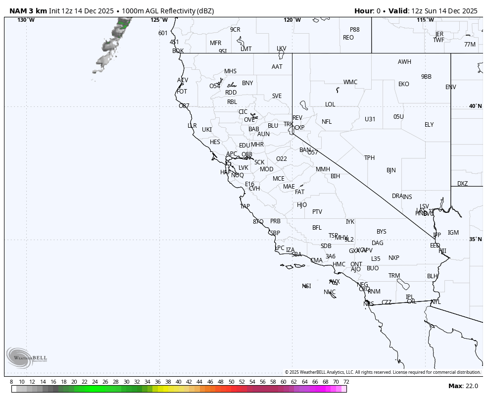 Map of California showing radar reflectivity levels with a color bar at the bottom indicating dBZ values, from 8 to 72, with the highest values in pink and the lowest in green.