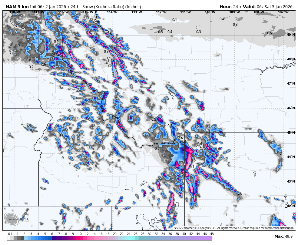 Weather map showing snowfall in inches across the western United States, including parts of California, Nevada, Oregon, Idaho, and Montana, as of 6 am on January 3, 2026.