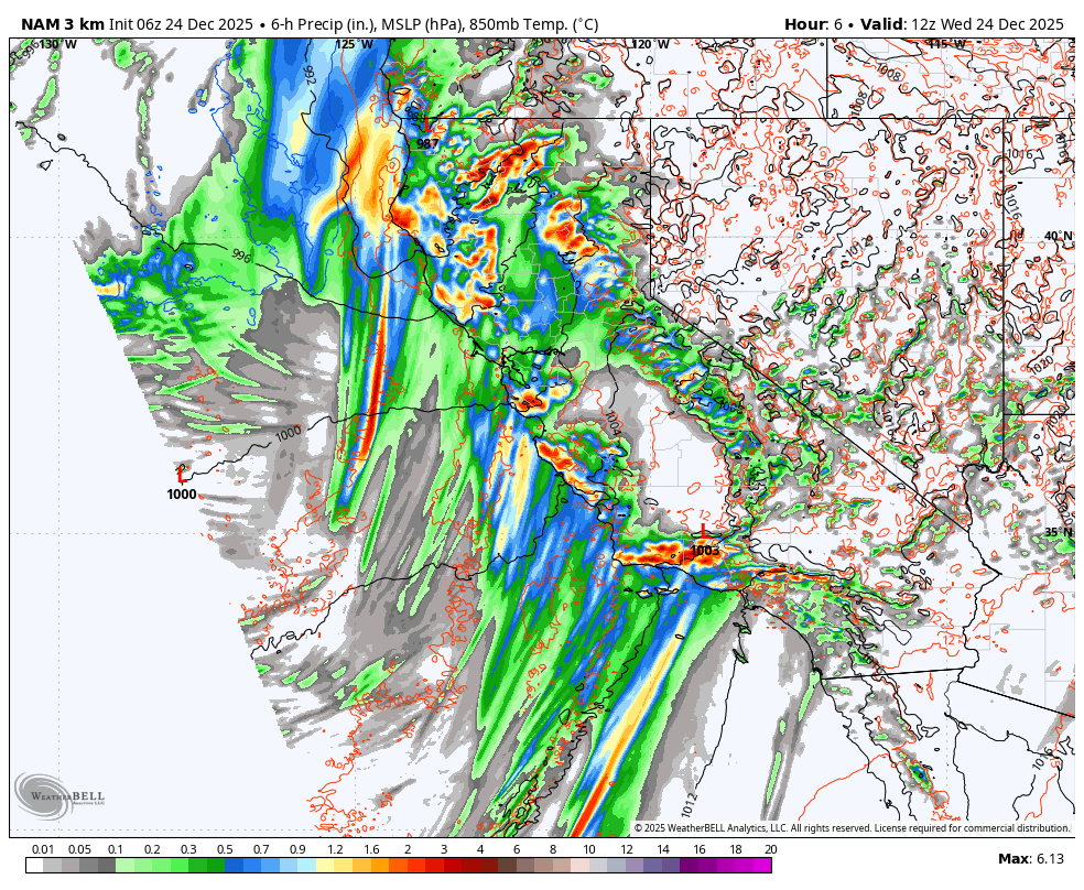 Weather map showing precipitation, mean sea level pressure, and 850 mb temperature forecast across the western United States and southern Canada for December 24, 2025, at 12z. The map includes regions of heavy rainfall and storms, with color indicating precipitation intensity.