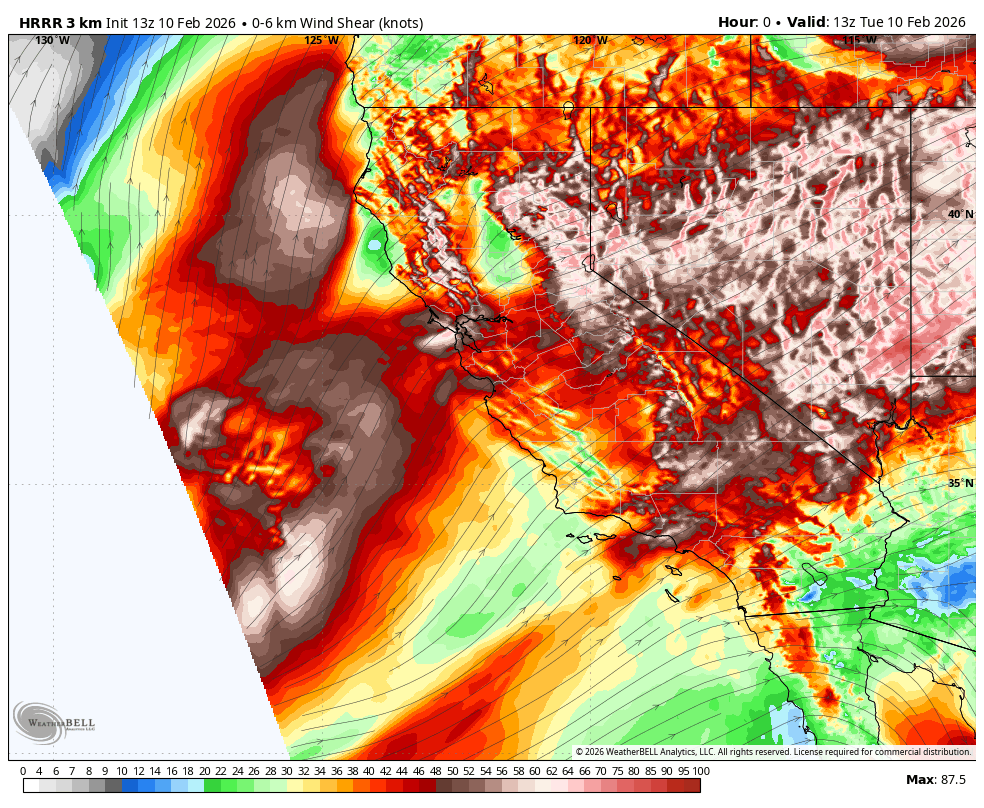 HRRR 3km - 0 - 6km Wind Shear (Knots)