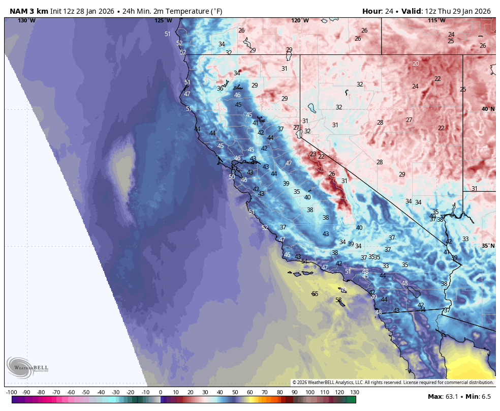 Map showing temperatures across California and surrounding states, with color gradients indicating temperature levels in degrees Fahrenheit. The map includes temperature readings at various locations, ranging from 6.5°F to 63.1°F, and highlights a cold temperature trend in northern California and nearby areas, with warmer temperatures toward the south and coast.