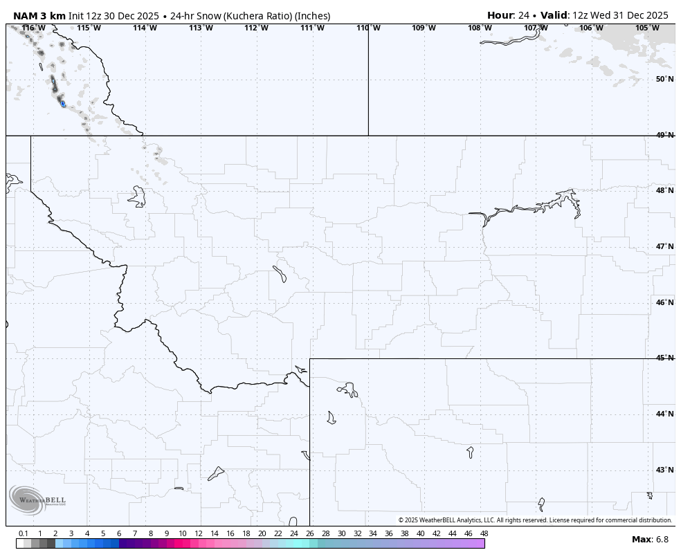 Empty weather map of northern California, Nevada, Oregon, Idaho, and parts of surrounding states, showing no snow accumulation or weather activity, with a legend indicating snow depth in inches