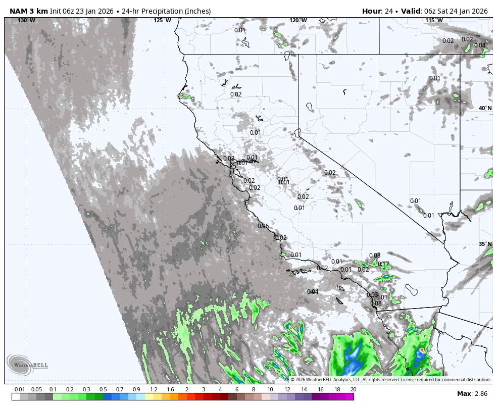 A weather map showing predicted 24-hour rainfall accumulation in inches across the southwestern United States, including parts of California, Nevada, Arizona, and surrounding areas, with areas of light to heavy precipitation.