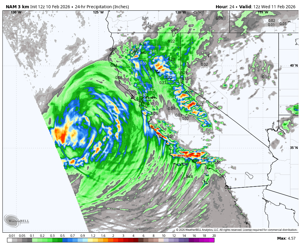 Satellite weather map showing a large storm system over the Pacific Ocean near California, with heavy rain and thunderstorms. The map includes colored contours indicating precipitation levels in inches over a 24-hour period, with the storm's eye characterized by intense rainfall and swirling cloud patterns.