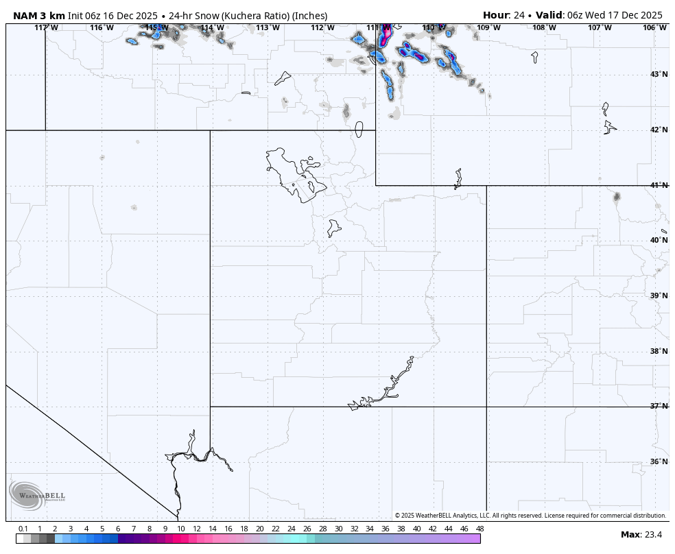 Map showing snow accumulation in inches across parts of the northern United States, with higher snow levels in northwestern Montana, and lighter snow in surrounding states, valid for December 17, 2025.