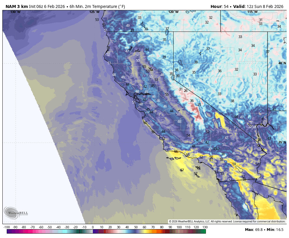 Map of California and surrounding areas showing temperature data in Fahrenheit, with cooler temperatures in the north and warmer in the south, including mountain ranges and coastal regions.