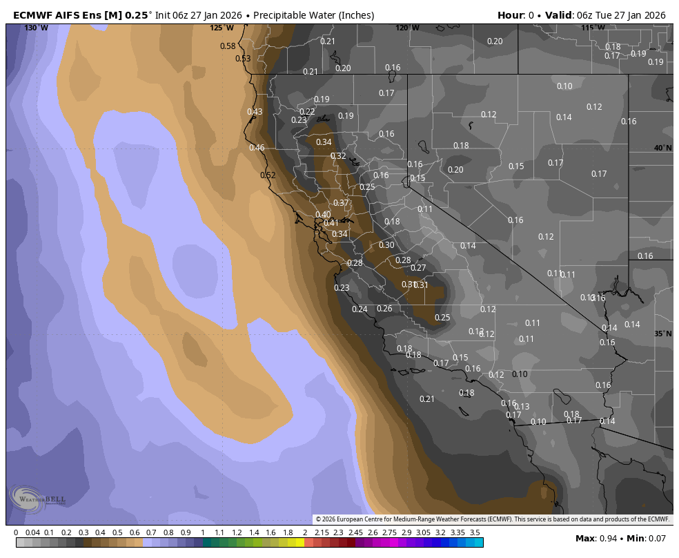 Map showing predicted precipitation water in inches along the west coast of the United States, with higher values along California and lower in surrounding areas. Colors indicate varying precipitation levels, ranging from light gray to darker shades, on January 27, 2026.