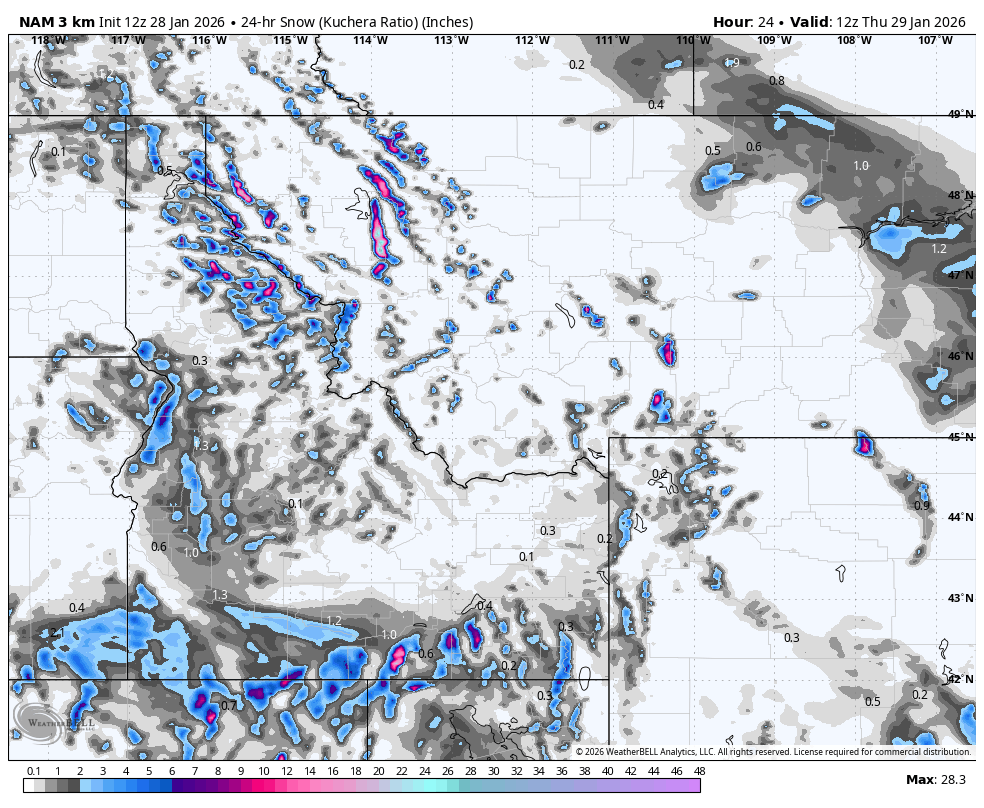 Map showing forecasted 24-hour snowfall in inches across parts of the western United States, including areas of Colorado, Utah, New Mexico, and surrounding states, with varying levels of snow depicted in shades of gray, blue, and magenta.