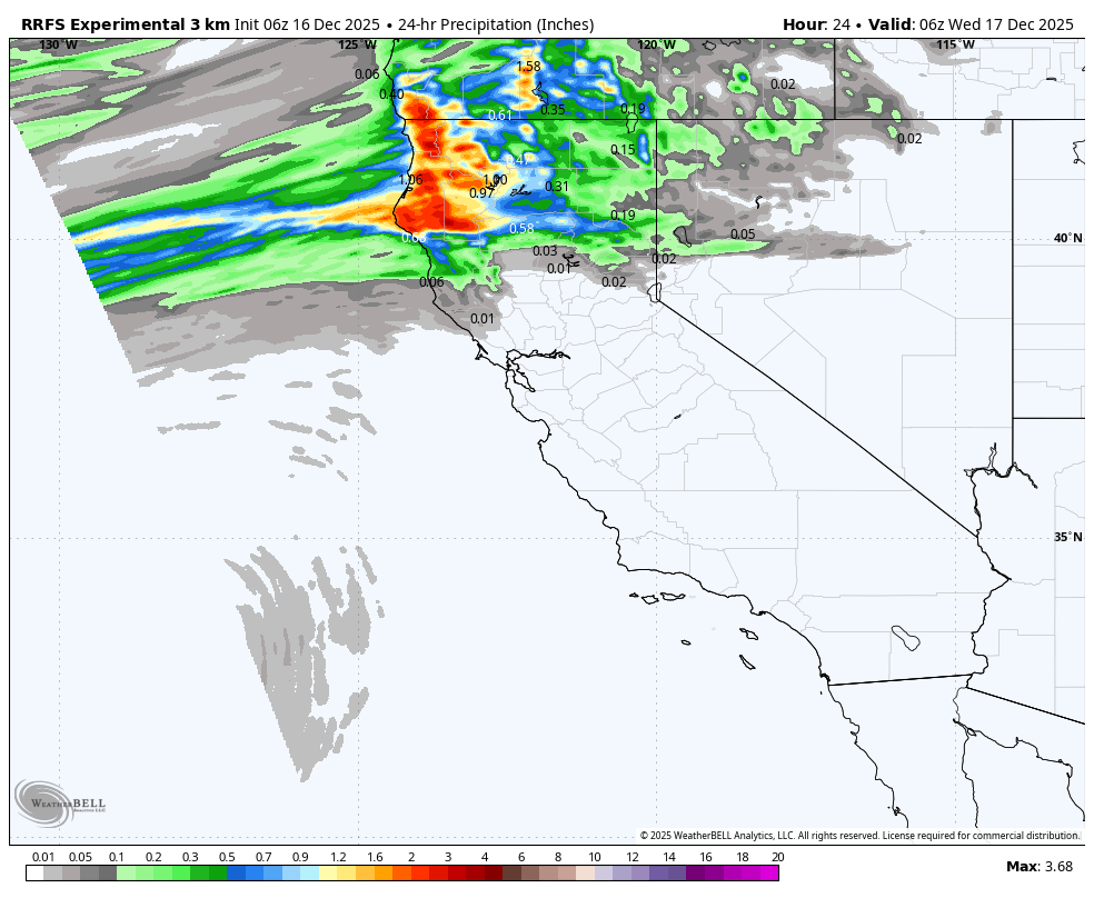 Weather map showing 24-hour precipitation forecast for parts of the western United States, with intense rainfall in northern California and southern Oregon, indicated by red and orange colors, and lighter rainfall across other areas.