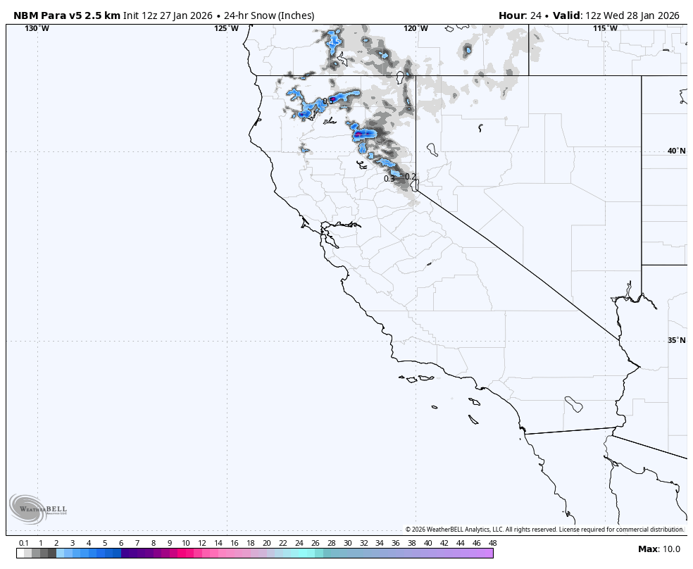 Weather map of California showing 24-hour snowfall measurements, with light snow in the northern part of the state and no significant snow in the rest of California, valid at 12z on January 28, 2026.