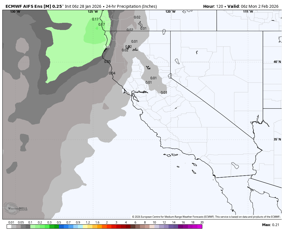 Weather map showing 24-hour precipitation forecast in inches across coastal California and parts of the Pacific Ocean, with green indicating light rain and gray indicating dry areas, valid for 6 a.m. on February 2, 2026.