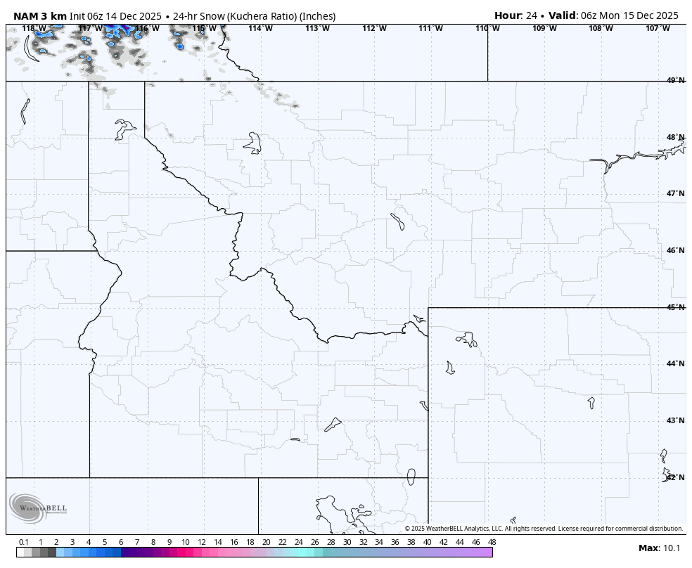 Map displaying snow accumulation forecast over North Dakota, Minnesota, Wisconsin, and parts of surrounding states, with light snow coverage indicated, valid for 6 am on December 15, 2025.
