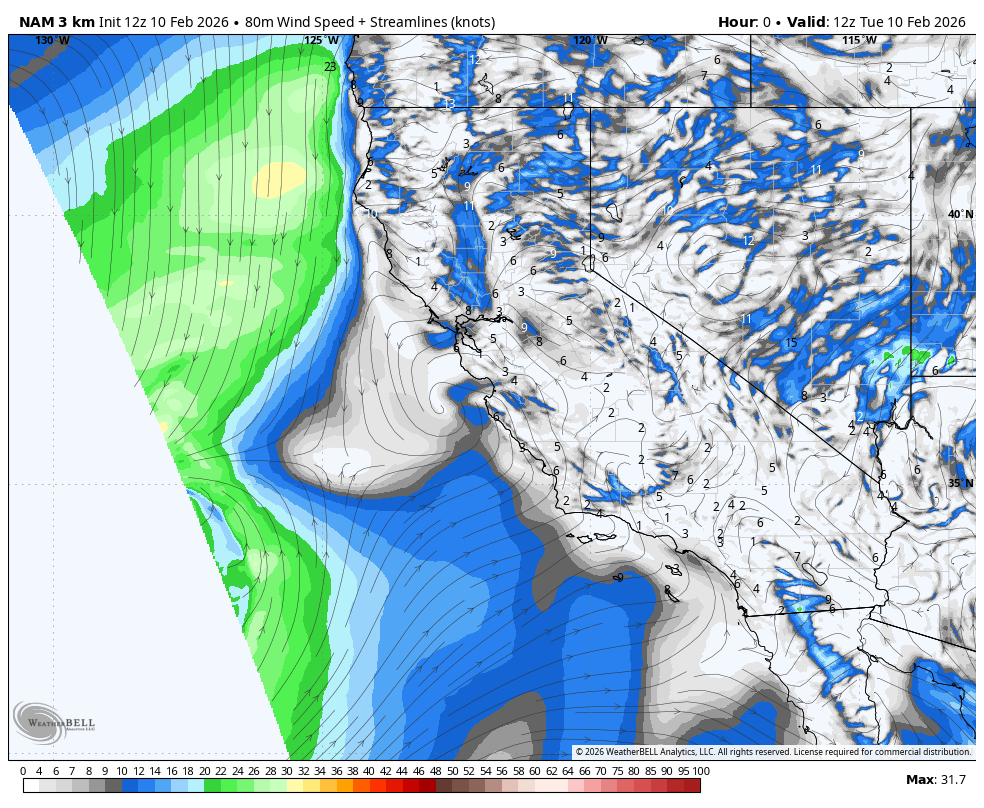 NAM 3km - 80km Wind Speed + Streamlines (Knots)
