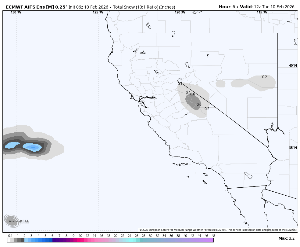 Weather map showing total snowfall forecast in inches for parts of California and surrounding areas, with the heaviest snowfall indicated offshore in the Pacific Ocean.