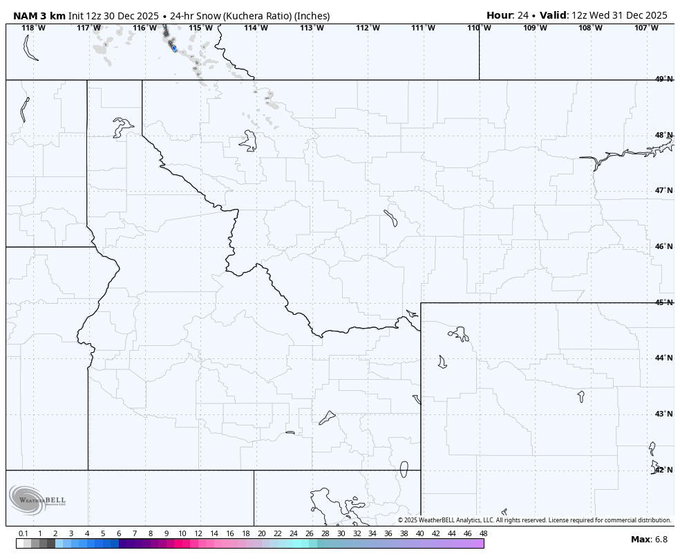 A blank weather map of the northwestern United States, showing state borders, latitude, and longitude lines, with a color scale at the bottom indicating snow depth in inches, but no snow data is present.