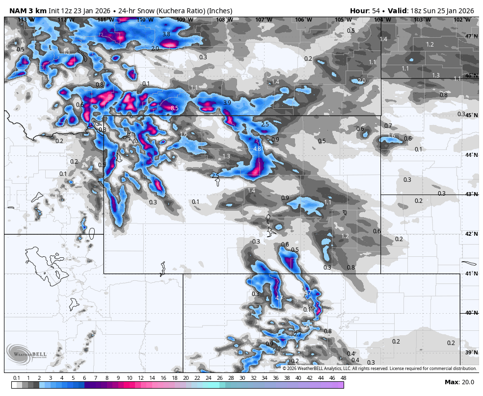 Map showing snow accumulation in inches across the Northwestern United States, including parts of California, Nevada, Oregon, Idaho, Montana, Wyoming, Utah, Colorado, and surrounding areas, with varying intensities represented by color, mainly blue, purple, and pink.