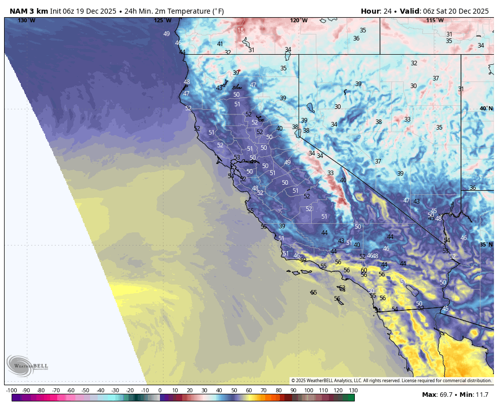 Weather map showing temperature in Fahrenheit across parts of California, Nevada, and surrounding states. Colors indicate temperatures, with blue and purple representing colder temperatures and yellow and red indicating warmer temperatures. Temperatures range from about 11.7°F to 69.7°F.