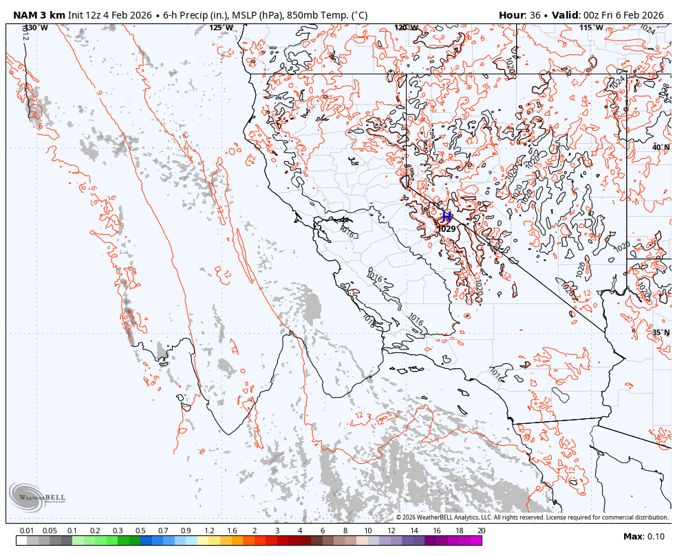 Weather map showing 6-hour precipitation in inches, mean sea level pressure in hectopascals, and 850 millibar temperature in Celsius across parts of California, Nevada, Utah, Arizona, and surrounding states, valid at 12:00 UTC on February 6, 2026.