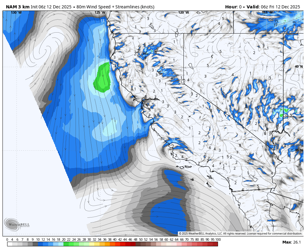 Weather map showing wind streamlines and speed in knots for California and surrounding areas, with a low-pressure system offshore bringing strong winds and storm activity.