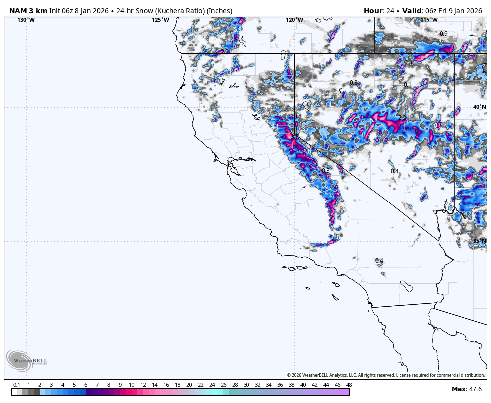 Map showing 24-hour snowfall in inches across parts of California, Nevada, and surrounding states, with areas of heavy snowfall indicated in pink and purple.