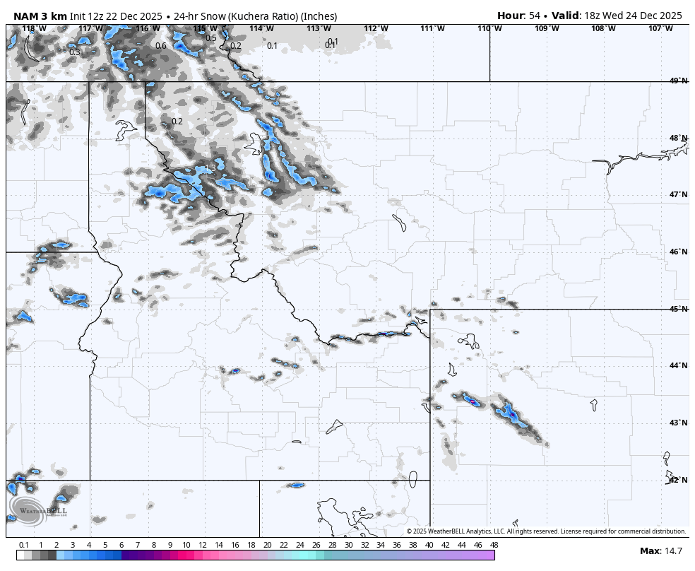 Weather map showing snow accumulation in inches over parts of Montana, Idaho, and Wyoming on December 24, 2025, with areas of light to moderate snow indicated in shades of blue and gray.