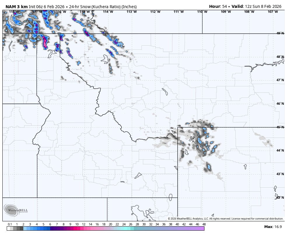 Weather map showing snow accumulation forecast over the U.S.-Canada border area on February 8, 2026, with snowfall amounts in inches, including some snowfall in the northern Rockies and the northern Great Plains.