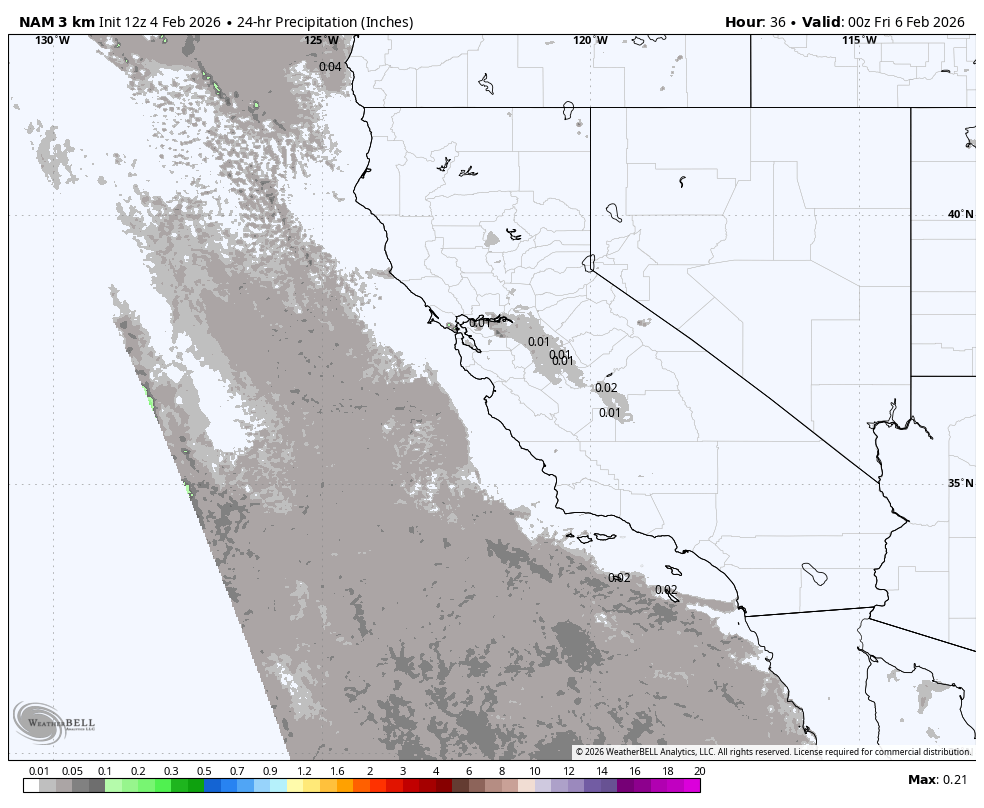Weather map showing 24-hour precipitation in inches across parts of California and nearby regions, with shades of gray indicating varying levels of rainfall.