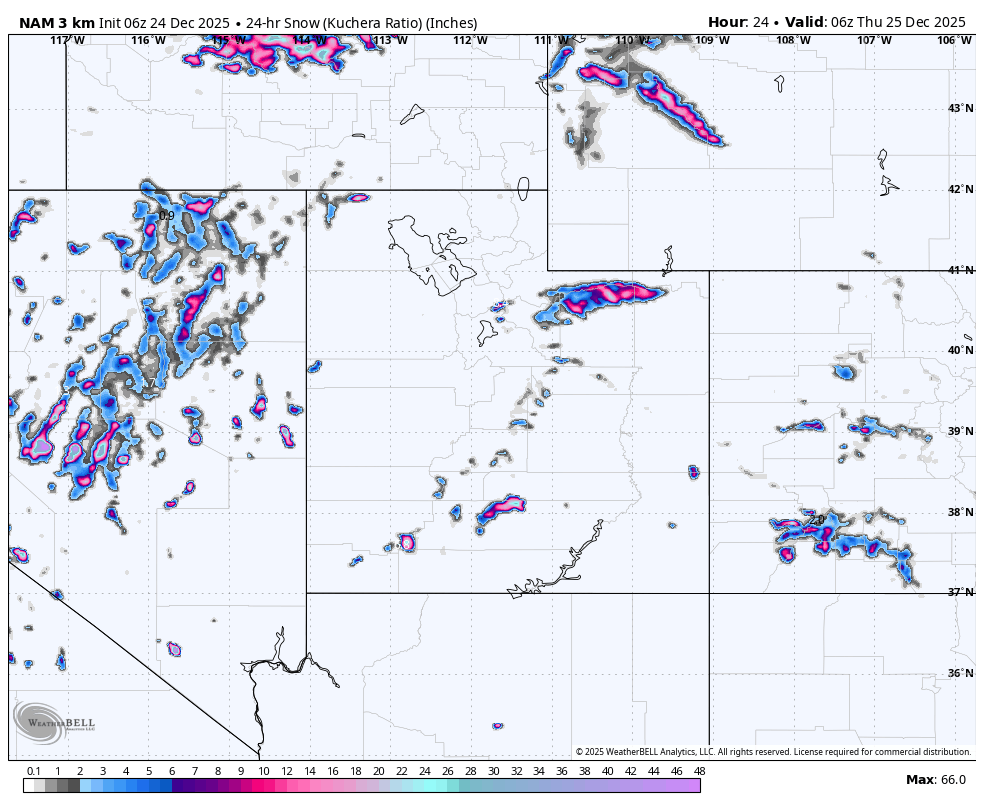 Map showing 24-hour snowfall forecast in inches for parts of the United States, valid at 6 AM on December 25, 2025, with areas of snow indicated by color shading from light gray to dark purple.