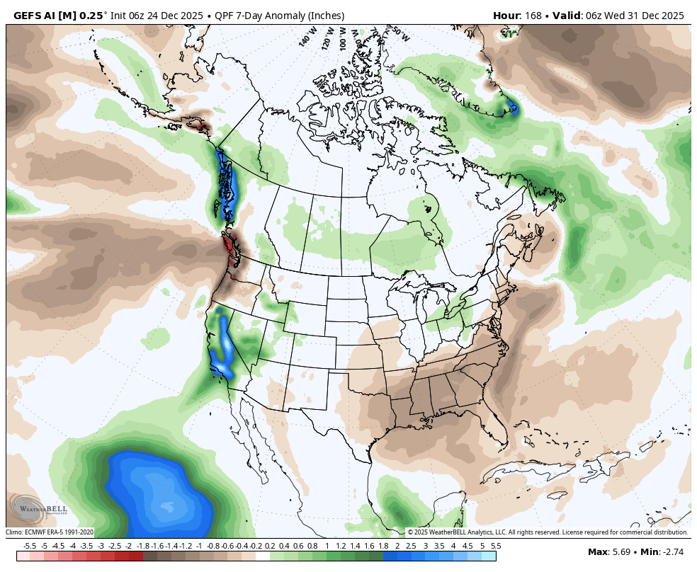 Map of the United States showing 7-day precipitation anomaly forecast, with areas of below and above average rainfall indicated by brown and green shades respectively. The map includes details such as date, time, and anomaly inches.