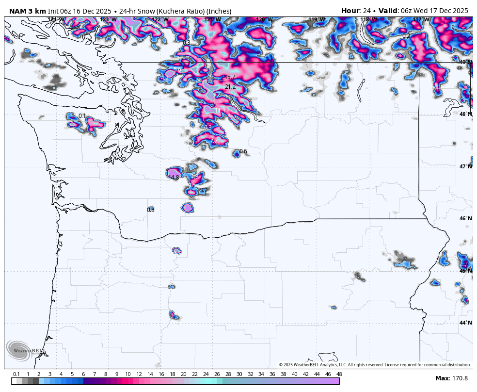 Map showing 24-hour snowfall in inches across parts of the Pacific Northwest and Rocky Mountain states on December 17, 2025, with blue, pink, and purple colors indicating varying snow levels.
