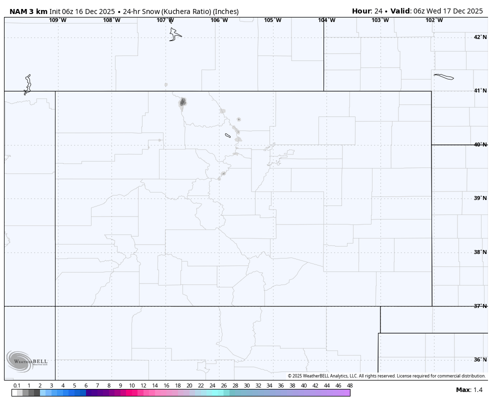 Weather map showing 24-hour snow accumulation in inches across parts of the northern United States, with some areas having minimal or no snowfall. The map is titled for NAM 3 km, valid at 06z on December 17, 2025.
