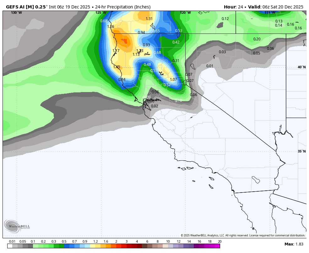 Weather map showing 24-hour precipitation forecast in inches for California and surrounding areas, with higher rainfall indicated in orange and blue, and lighter rainfall in green and gray; dates and times are December 19 and 20, 2025.
