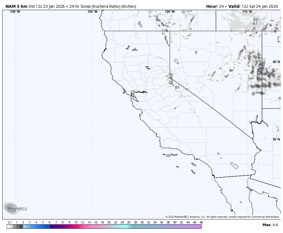 Map of California showing snow accumulation levels in inches, with areas in the north and northeast experiencing some snow, and southern regions mostly clear.