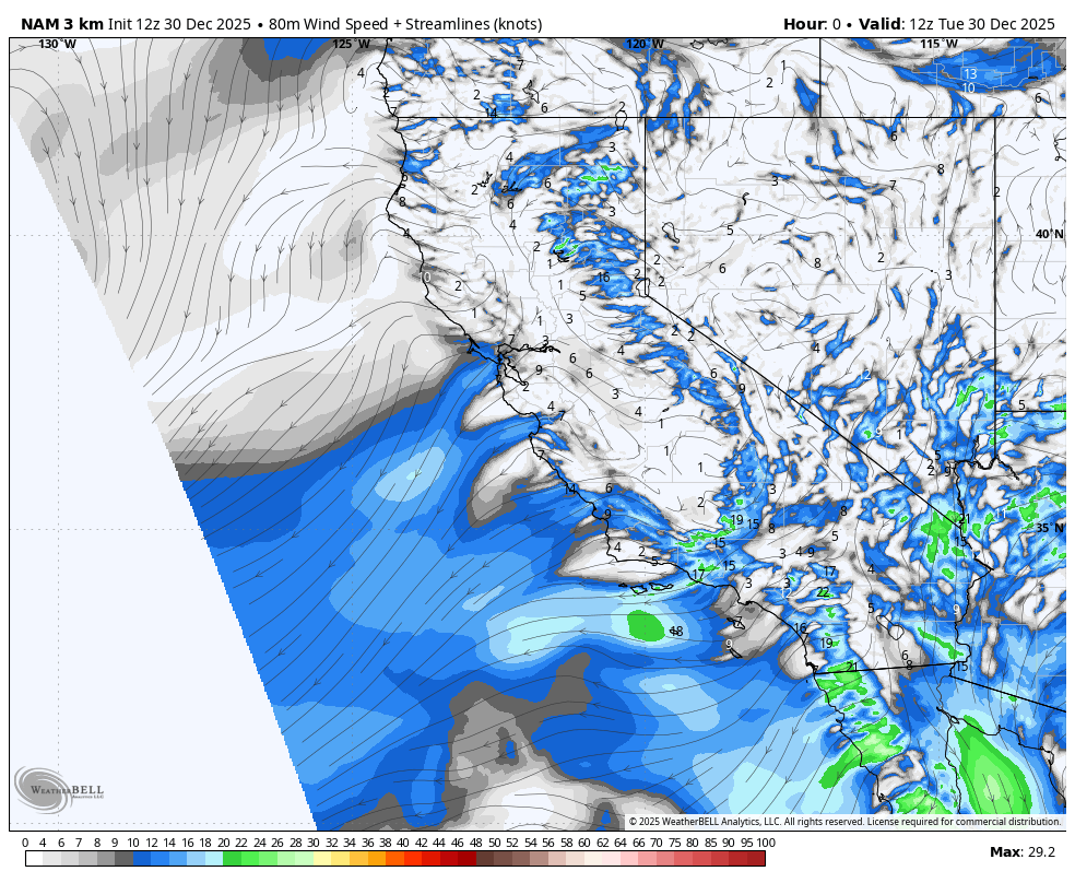Weather map showing wind streams and rain patterns over California and surrounding areas, with color-coded precipitation levels and wind speeds, valid for December 30, 2025.