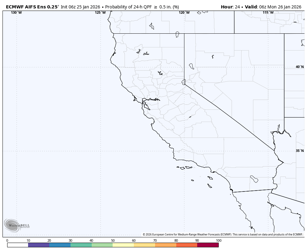 A weather map of California and surrounding states with no precipitation isobars shown, indicating clear weather.