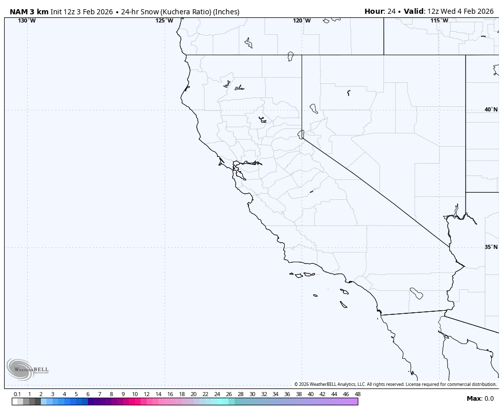 A weather map showing snow levels in California and surrounding states, with a 24-hour forecast valid at 12z on February 4, 2026. The map indicates snow accumulations in inches, with colors representing different levels of snowfall.