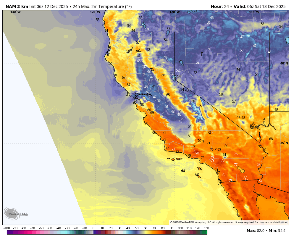 Weather map showing temperature forecast across California and surrounding states, with temperatures ranging from 34.4°F to 82°F, and different colors indicating temperature ranges.
