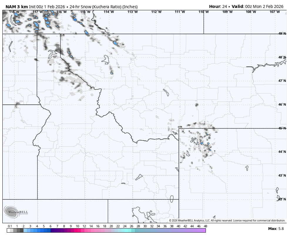 Weather map showing 24-hour snowfall in inches across parts of the Northwestern United States and southwestern Canada, with counties outlined, and a color scale at the bottom indicating snow accumulation levels, ranging from 0.1 to 48 inches.