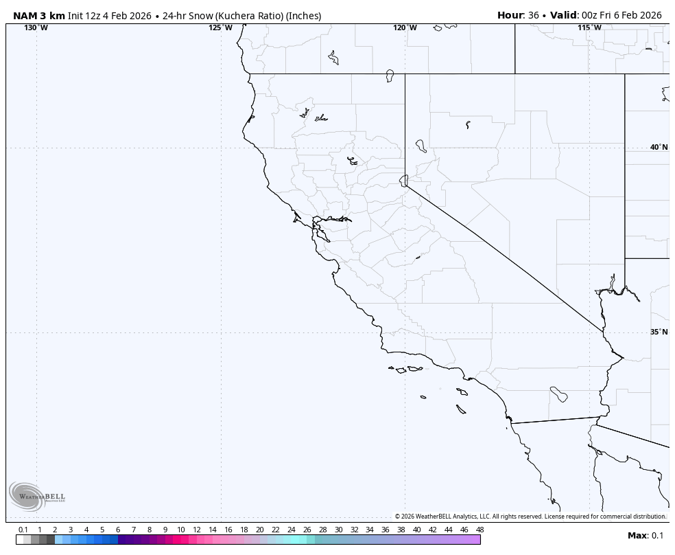 Map showing snow accumulation in California, Nevada, Arizona, and surrounding states as of February 6, 2026, with snow levels in inches indicated by color scale, and lines marking state boundaries.