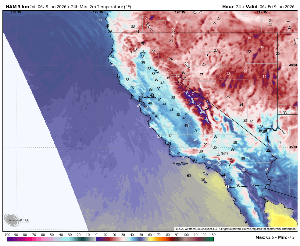 Map showing temperature distribution across California and surrounding areas, with color gradients indicating temperatures from -7.3°F to 62.6°F, as of 6 a.m. on January 9, 2026.