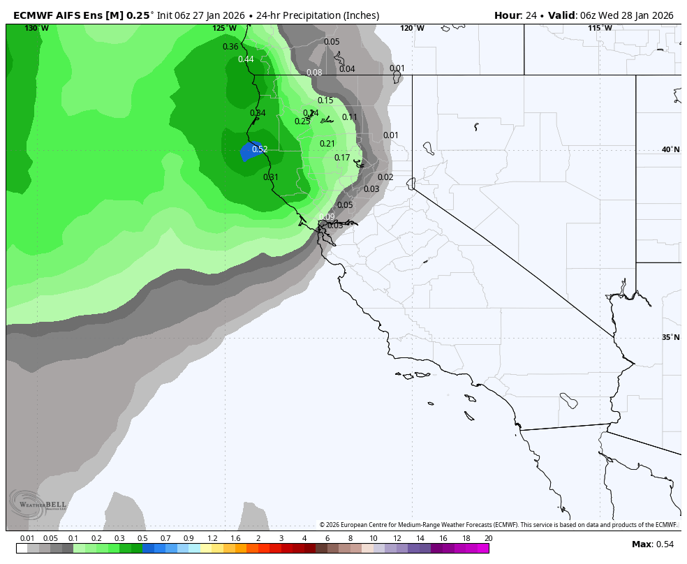 Weather map showing the 24-hour accumulated precipitation forecast over California, Nevada, and parts of Oregon and surrounding states, with varying intensities indicated by different shades of green, blue, gray, and purple, and measurements in inches.