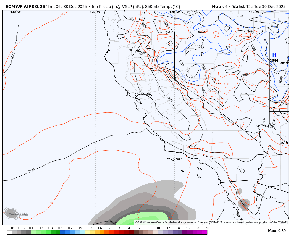 A weather map of the southwestern United States showing 6-hour precipitation levels, mean sea level pressure, and temperature at 850mb. The map includes contour lines in red, black, and blue indicating different atmospheric parameters and is titled 'ECMWF AIFS 0.25°' with data valid for December 30, 2025, at 12:00 UTC.