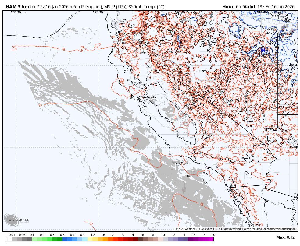Weather map showing 6-hour accumulated precipitation, mean sea level pressure, and 850mb temperature across California and surrounding regions, with contour lines indicating weather patterns, valid at 18 UTC on February 16, 2026.