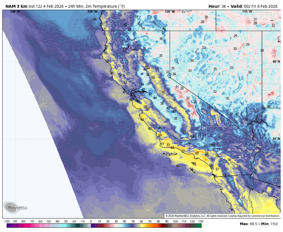 Map showing California's temperature forecast at 24-minute intervals for February 6, 2026, with color-coded temperature gradients and specific temperature readings along the coastline and inland areas.